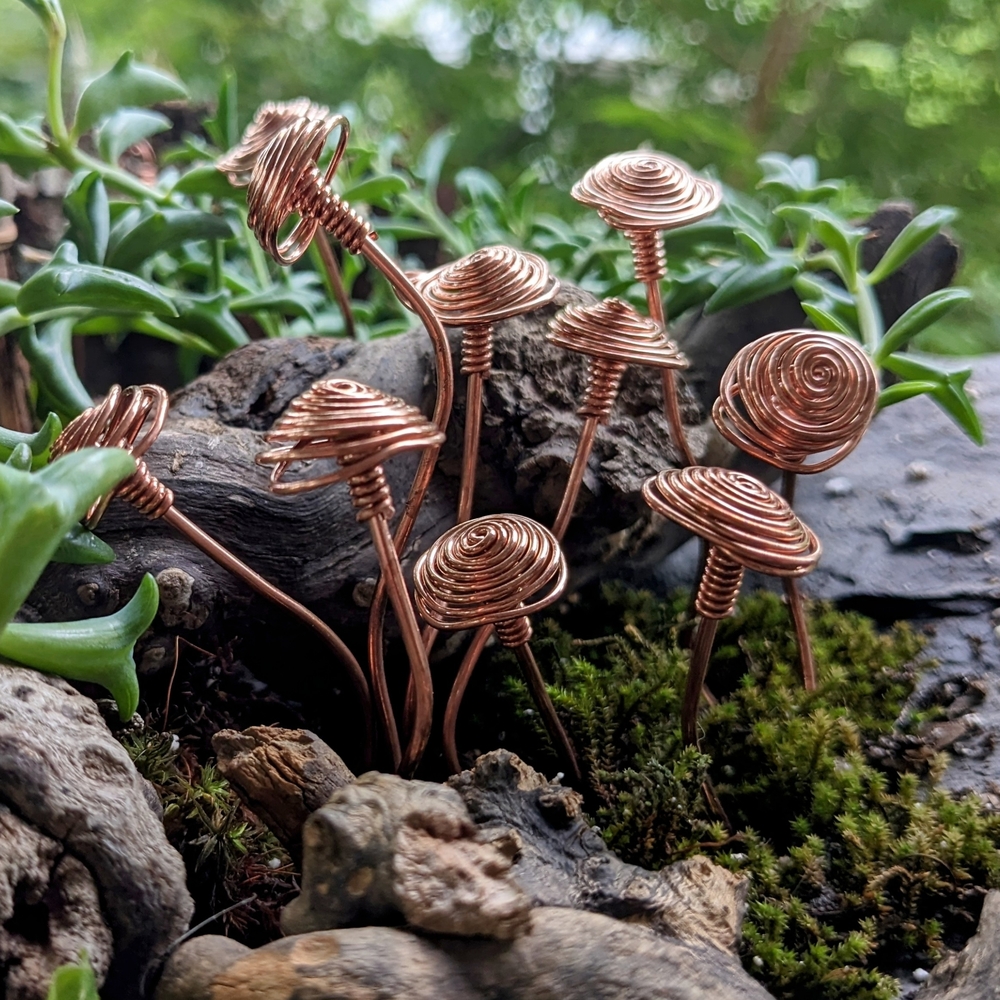 3 Handmade Small Copper Wire Mushrooms Plant Decor
